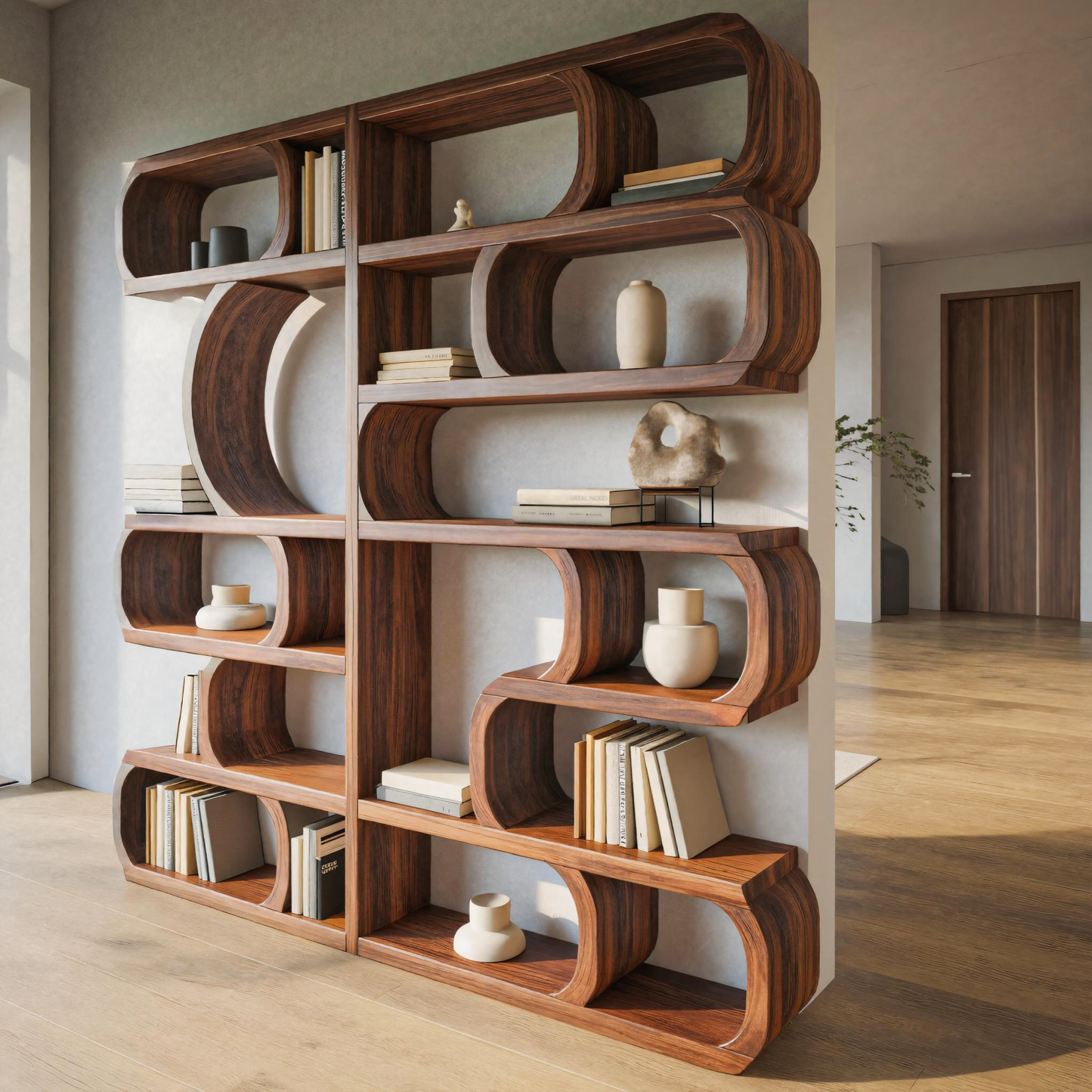 Modern Sculptural Bookshelf With Symmetrical Curves For Living Room Or Office Kitchnce