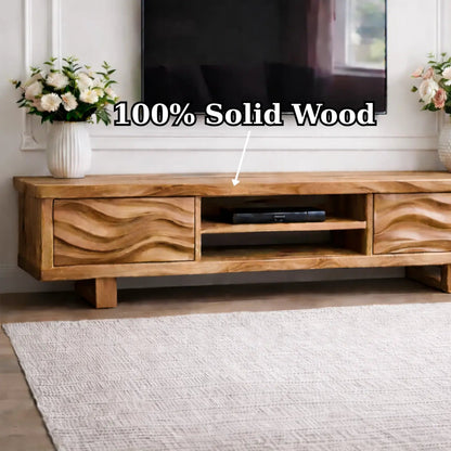Solid Wood TV Stand with Wave Pattern Doors Modern Wooden Media Console for Living Room Kitchnce