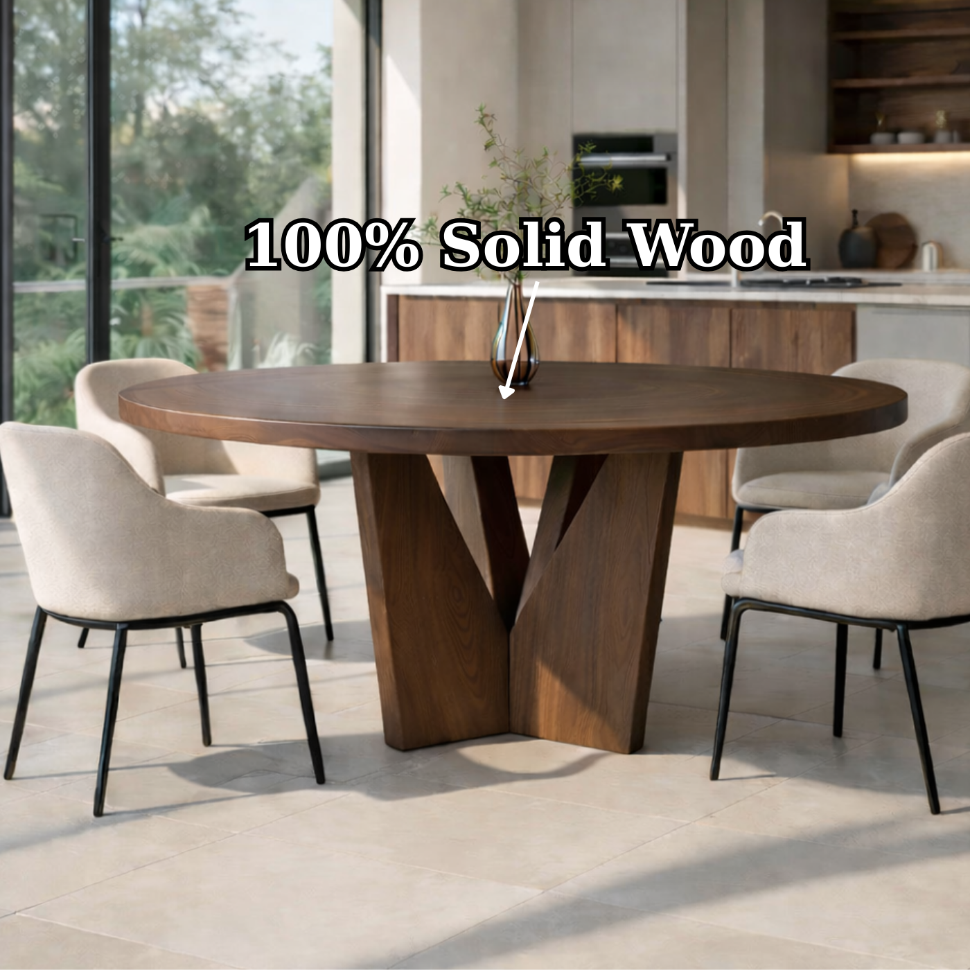 Round Solid Wood Dining Table with Sculptural Base Modern Walnut Kitchen Table