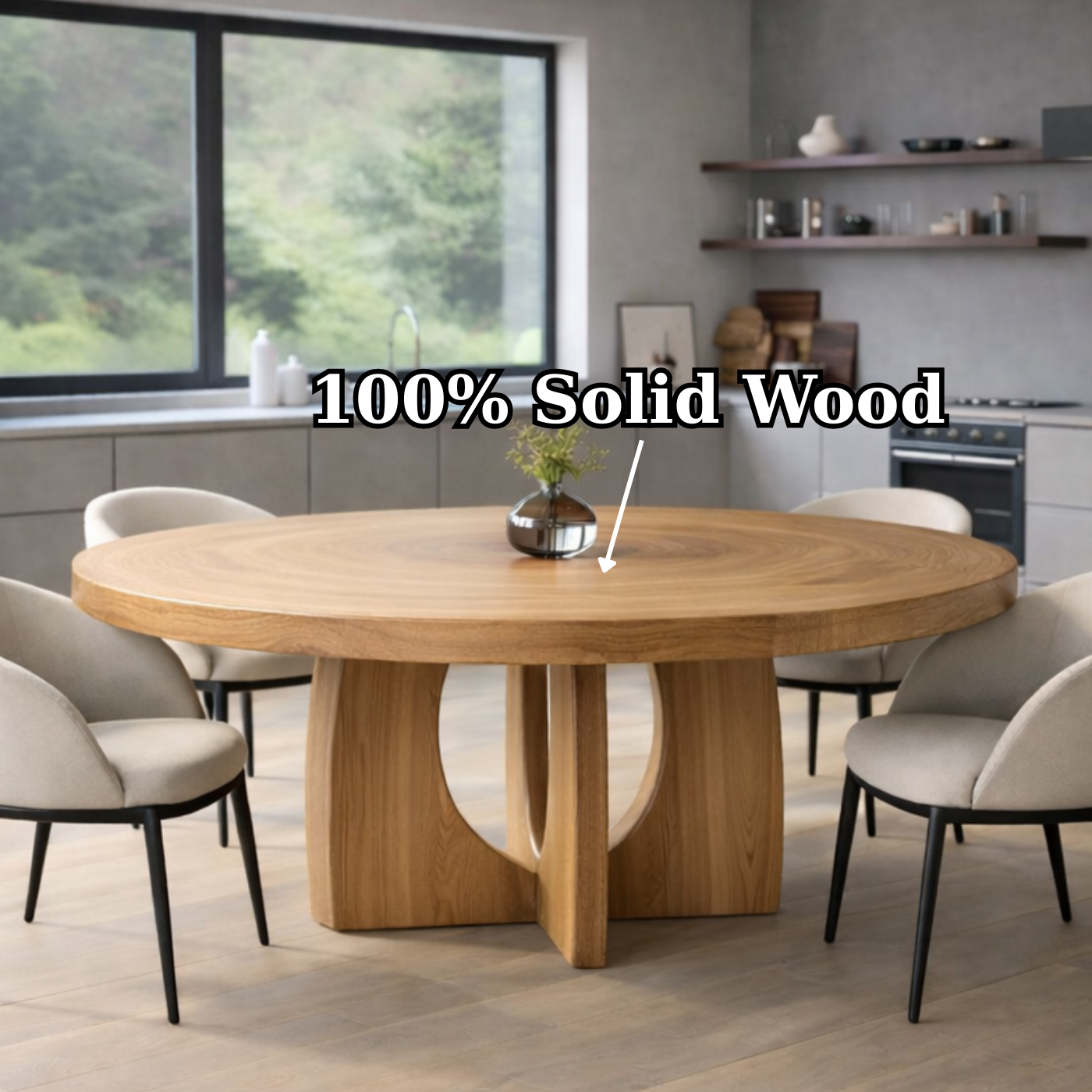 Round Solid Wood Dining Table with Sculptural Pedestal Base Modern Kitchen Table