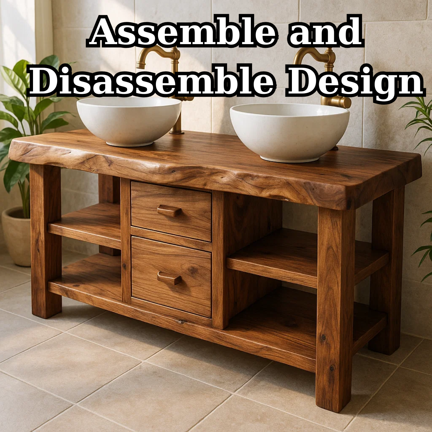 Handcrafted Solid Wood Floating Double Vanity - Live Edge Top, 2 Drawers & Open Shelves Kitchnce