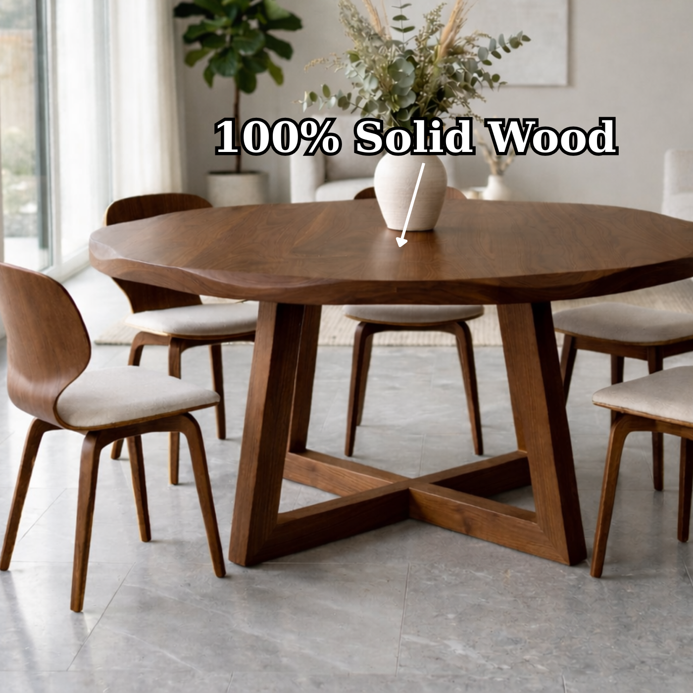 Round Solid Wood Dining Table for Dining Room with Sculptural Pedestal Base