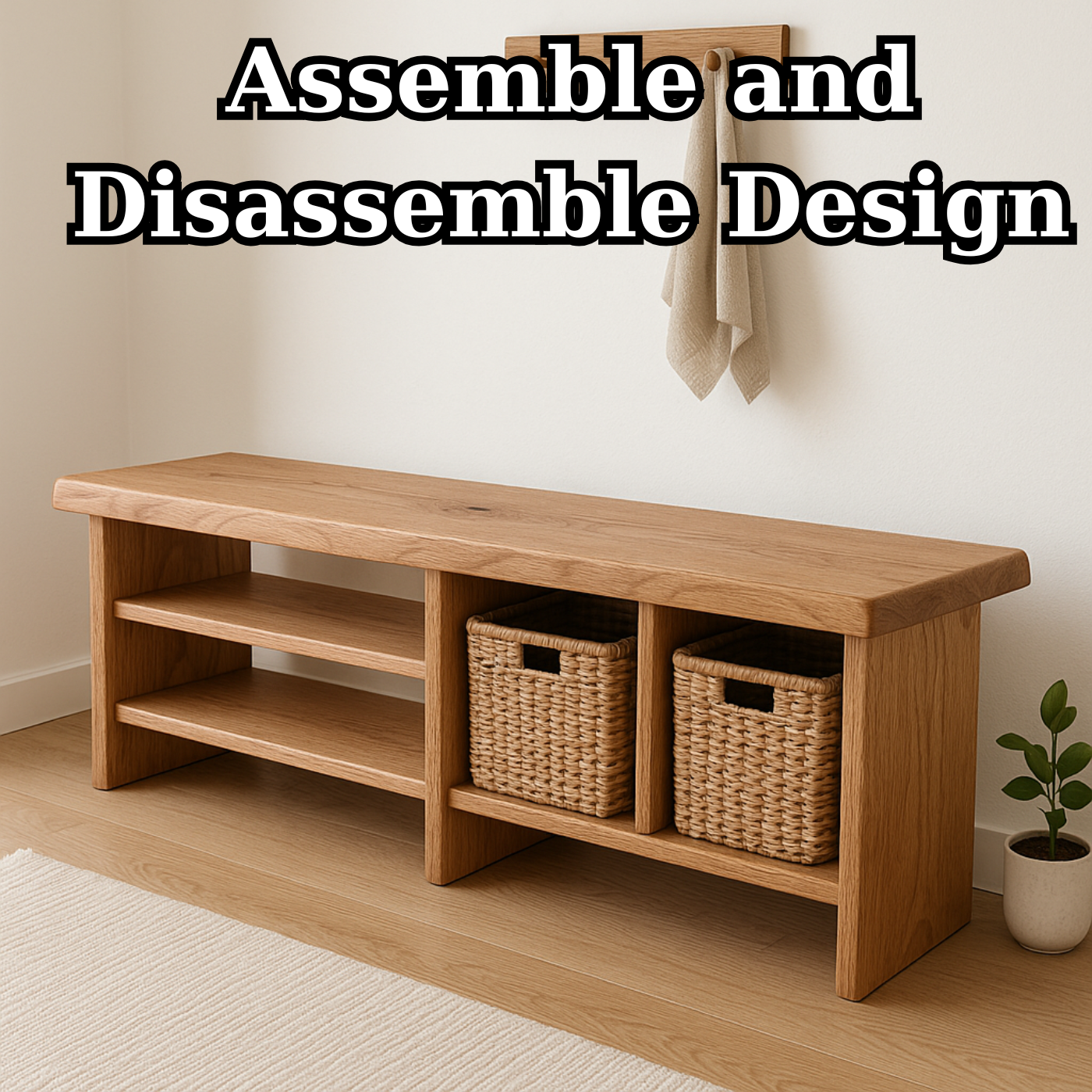 Handcrafted Solid Wood Bench – Minimalist Seating with Open Cubby Organiser Kitchnce
