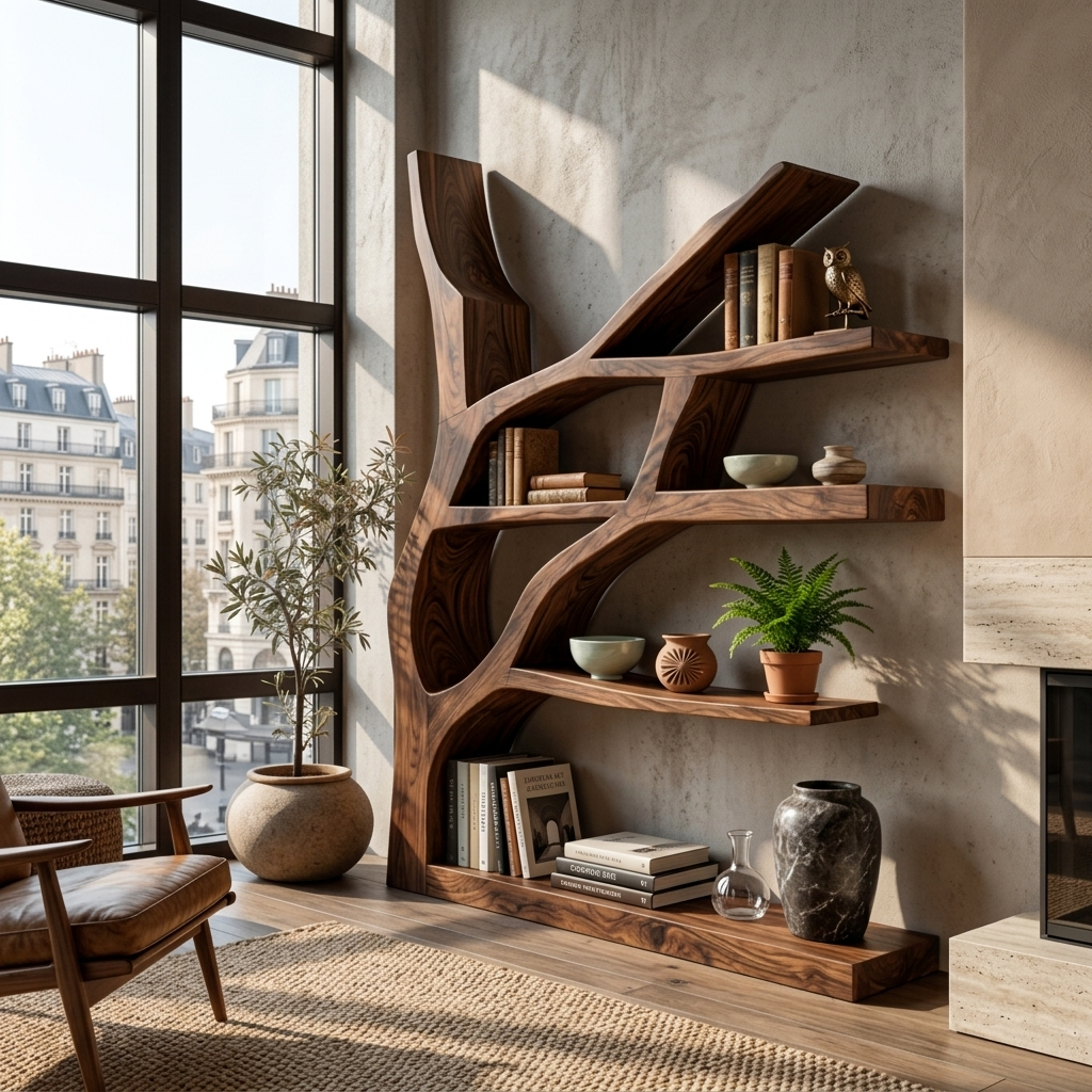 Contemporary Wooden Bookshelf Sculptural Shape For Living Room Kitchnce