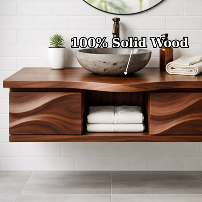 Floating Solid Wood Bathroom Vanity with Sculpted Wavy Front and Open Shelf
