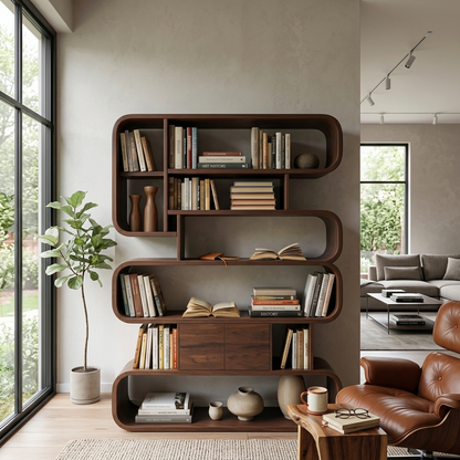 Statement Natural Wood Bookshelf With Rounded Form For Home Kitchnce