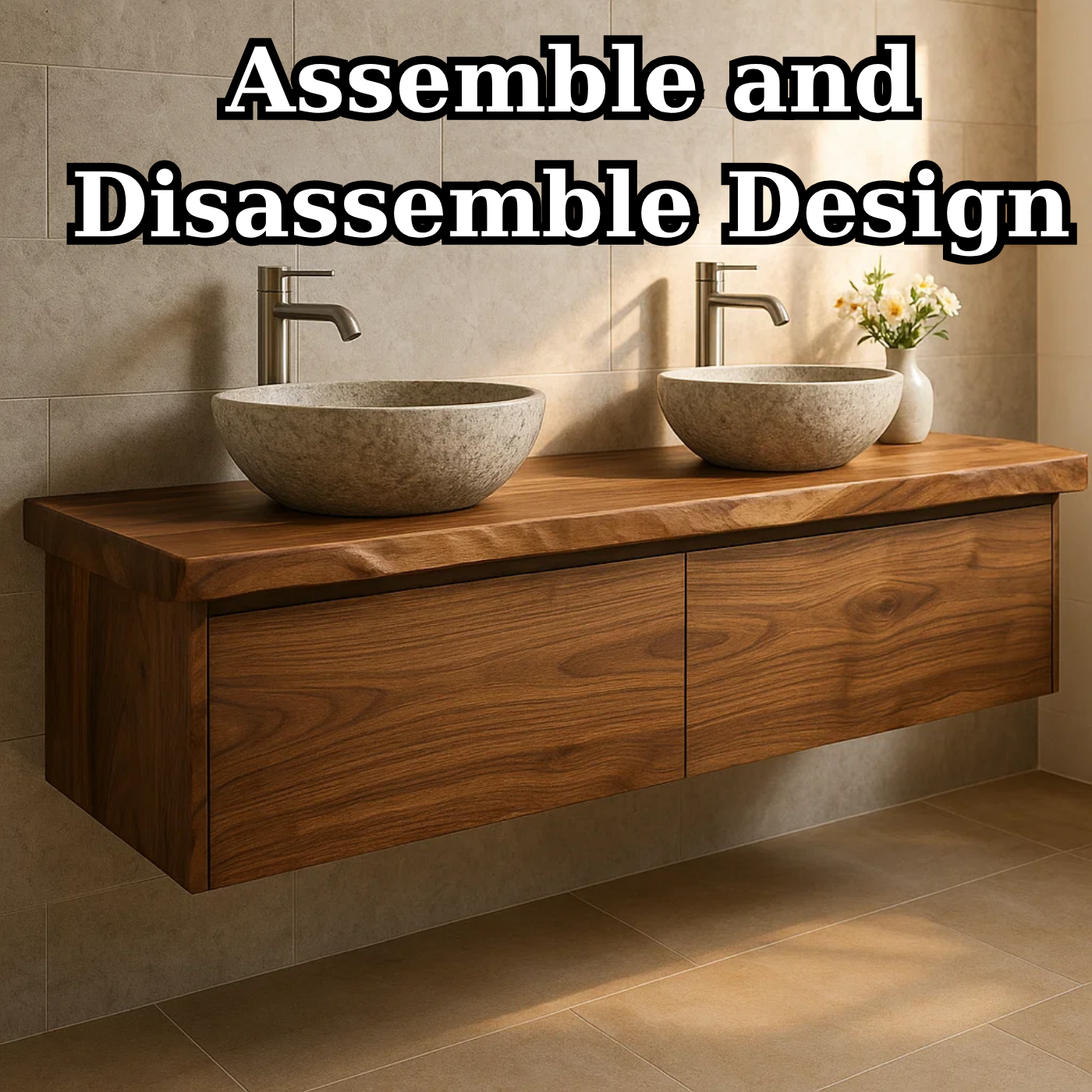 Handcrafted Solid Wood Floating Vanity - Double Sink Live Edge Walnut Console 2-Drawer Kitchnce
