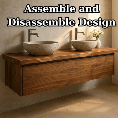 Handcrafted Solid Wood Floating Vanity - Double Sink Live Edge Walnut Console 2-Drawer Kitchnce