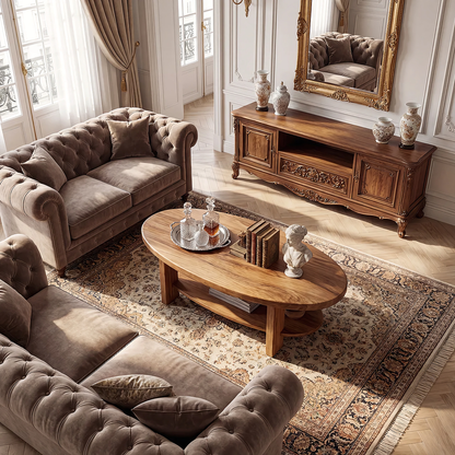 Oval Solid Wood Coffee Table with Open Shelf Storage