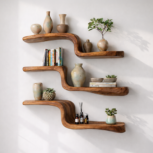 Natural Wood Floating Wall Shelf with Curved Layered Design