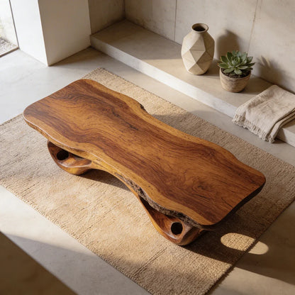Sculptural Natural Wood Coffee Table with Organic Carved Base