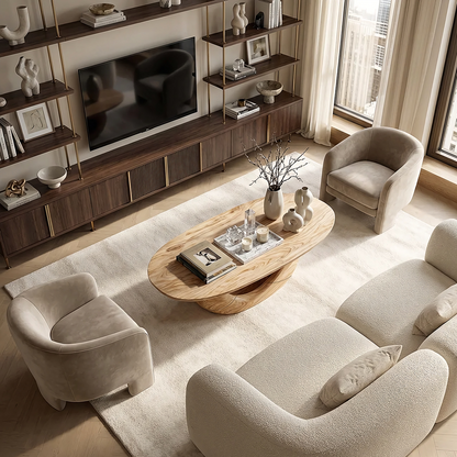 Sculptural Oval Coffee Table with Curved Base in Natural Wood