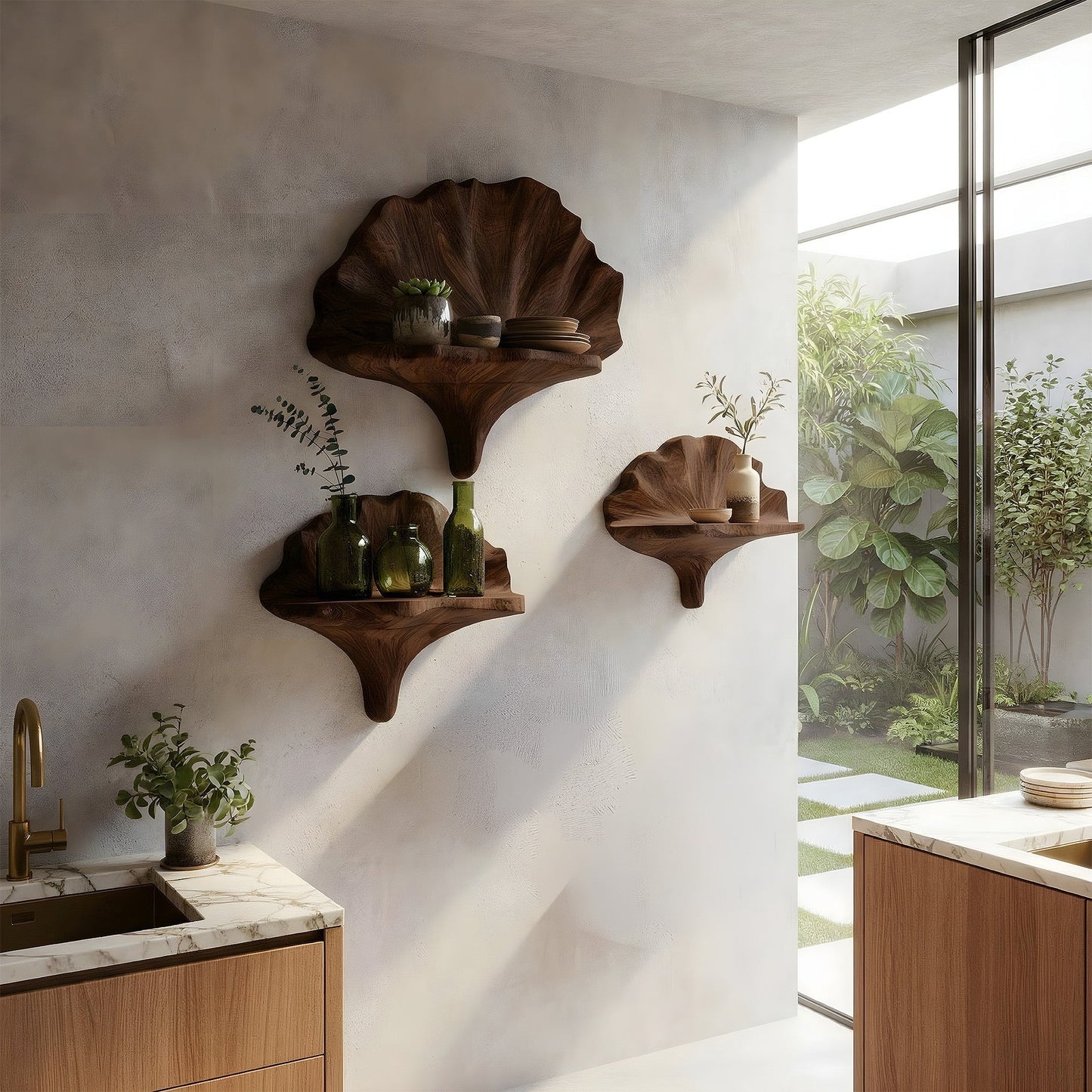 Sculptural Floating Wall Shelf Set in Natural Wood with Layered Organic Form