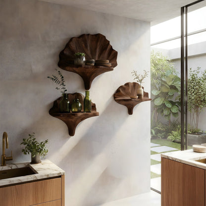 Sculptural Floating Wall Shelf Set in Natural Wood with Layered Organic Form