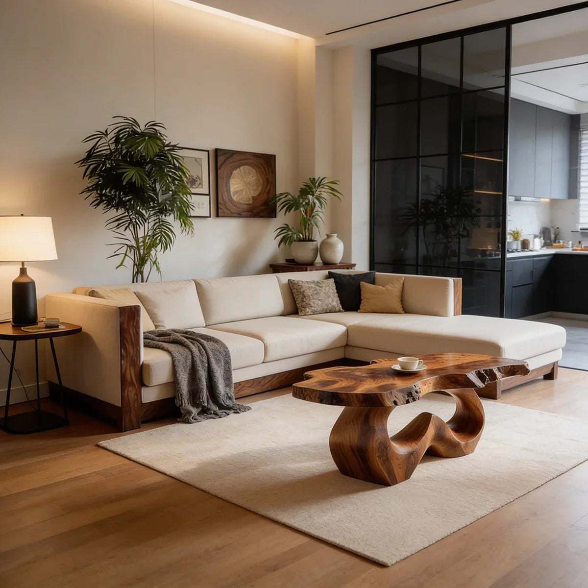 Live Edge Natural Wood Coffee Table with Sculpted Open-Form Base
