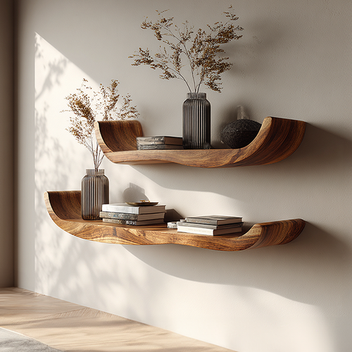 Natural Wood Floating Shelf with Soft Curved Edge Design
