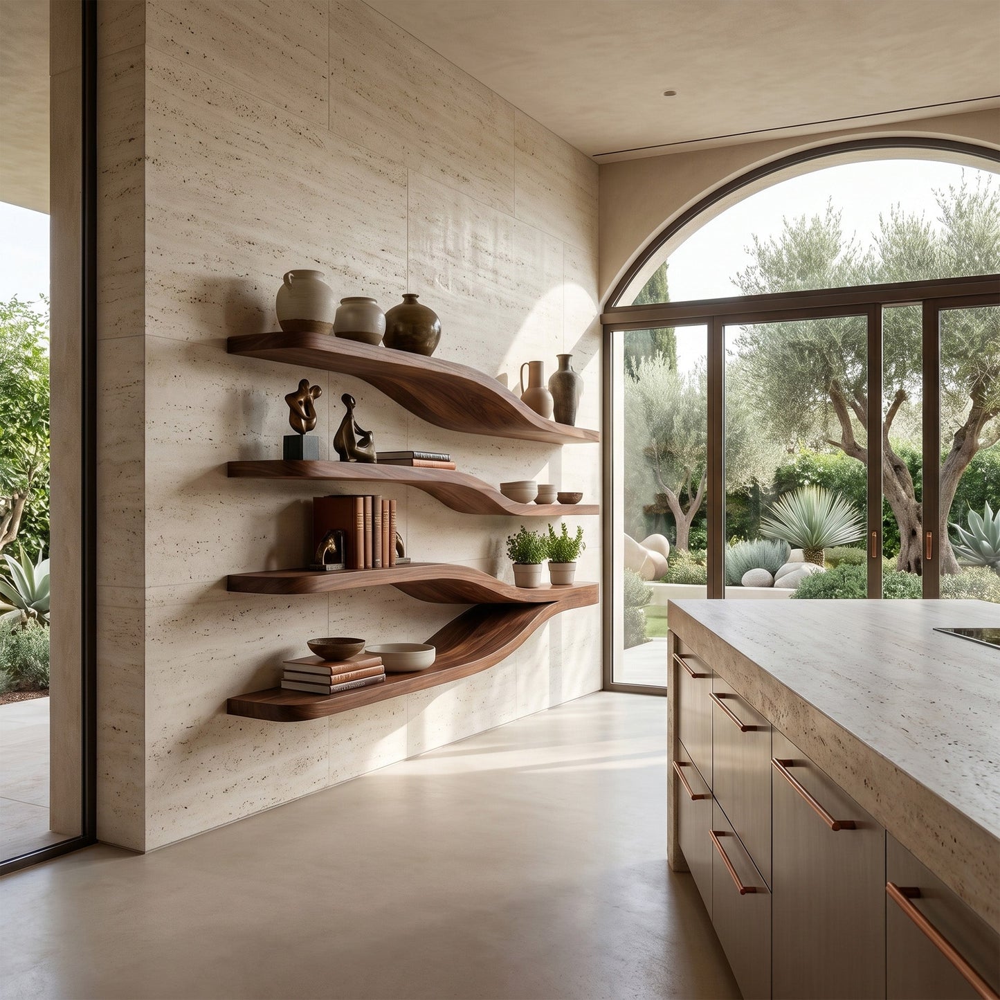 Flowing Wood Wall-Mounted Shelf With Layered Display