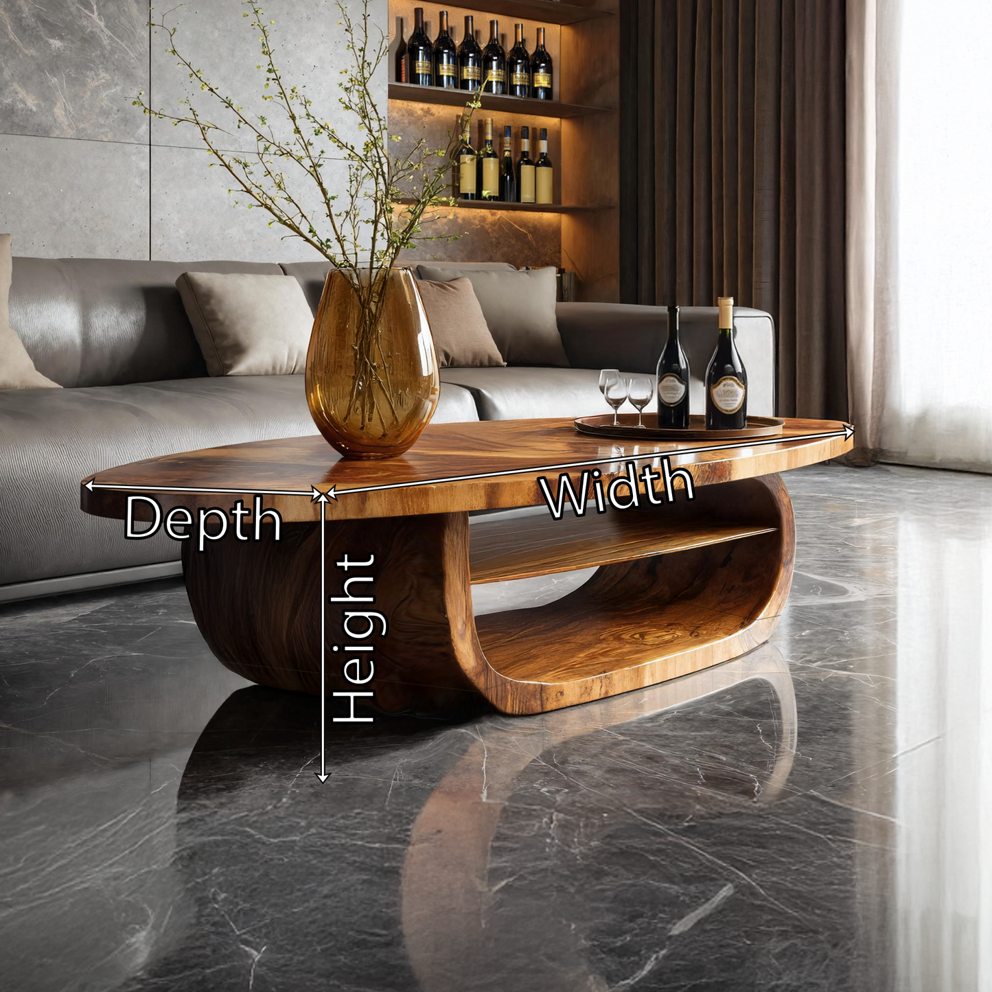 Organic Oval Coffee Table with Sculpted Loop Base and Shelf