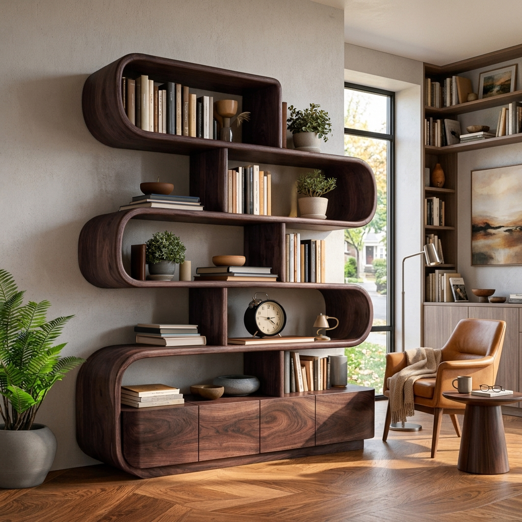 Organic Wooden Bookshelf With Flowing Form For Home Interior Kitchnce
