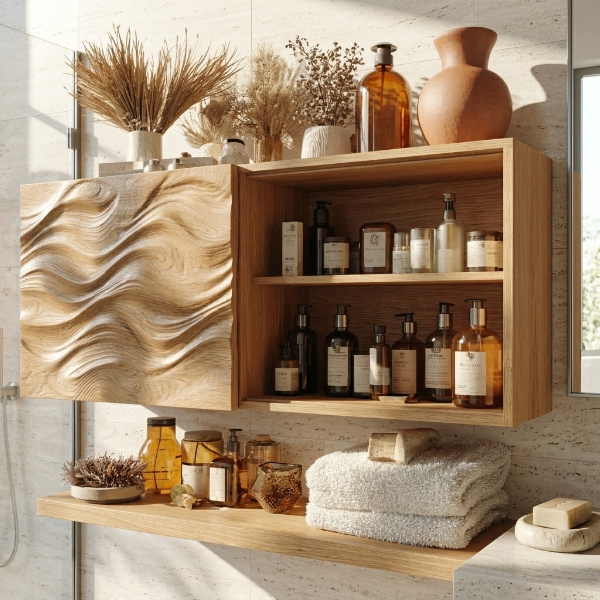 Floating Bathroom Cabinet, Modern Wavy Wall Mounted Vanity Storage Shelf Organizer
