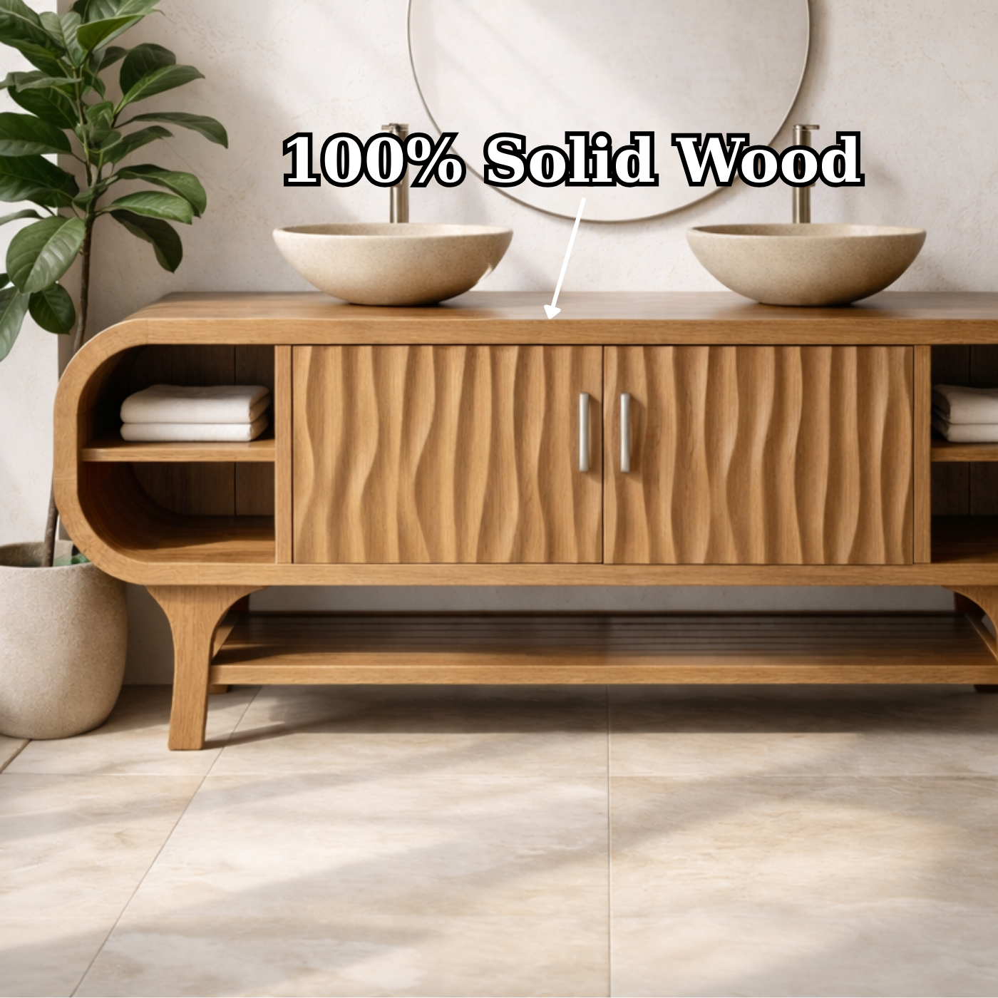 Solid Wood Bathroom Vanity Cabinet with Wave Texture Doors and Open Shelves
