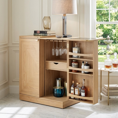 Contemporary Wooden Bar Cabinet, Fold-Out Entertaining Console with Glassware Storage