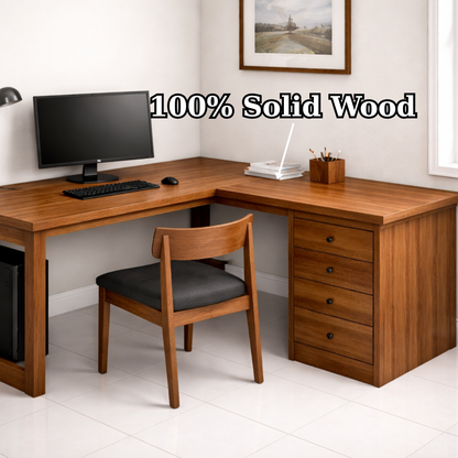 L-Shaped Solid Wood Executive Corner Desk with Storage Drawers