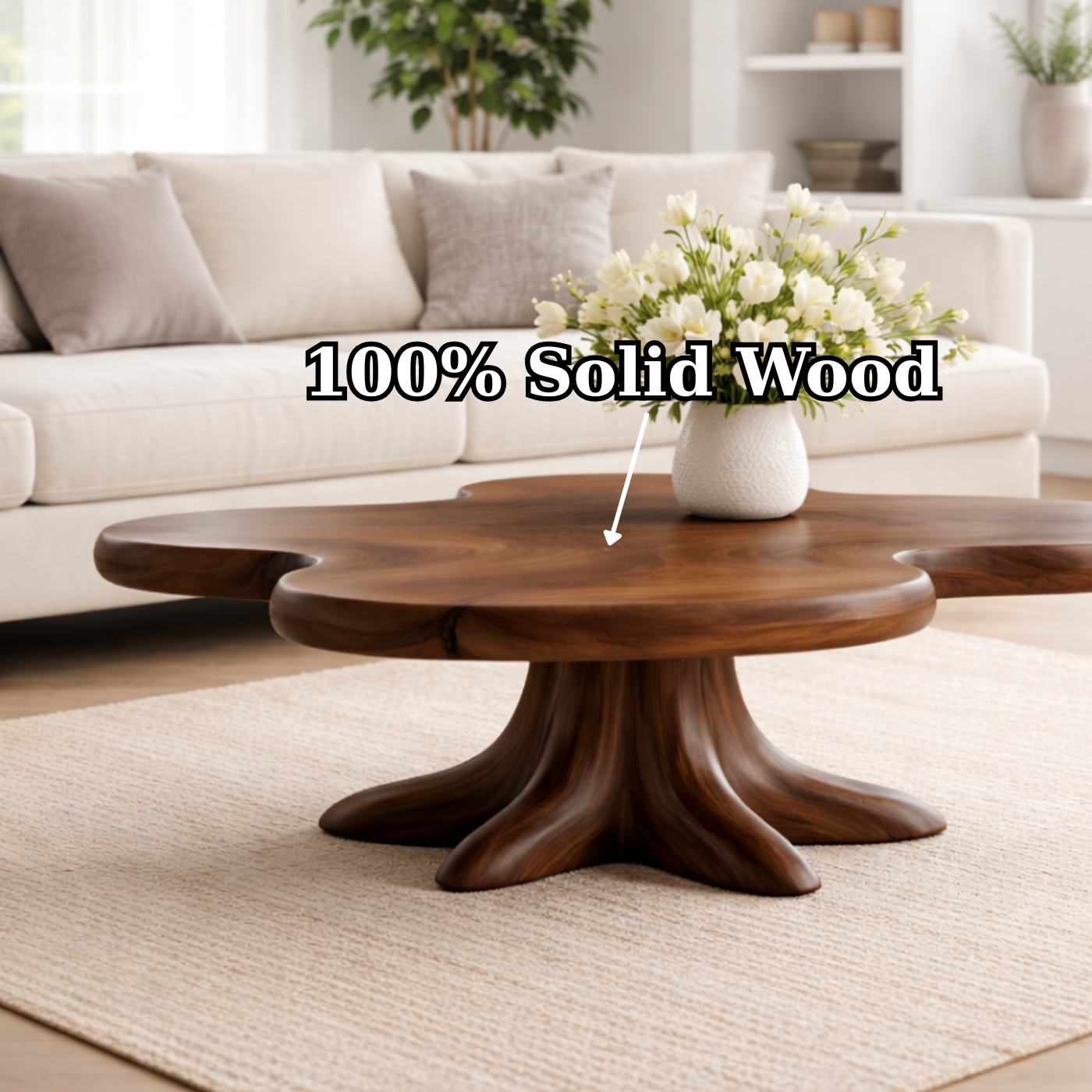 Solid Wood Coffee Table with Sculpted Flower Silhouette and Root Base