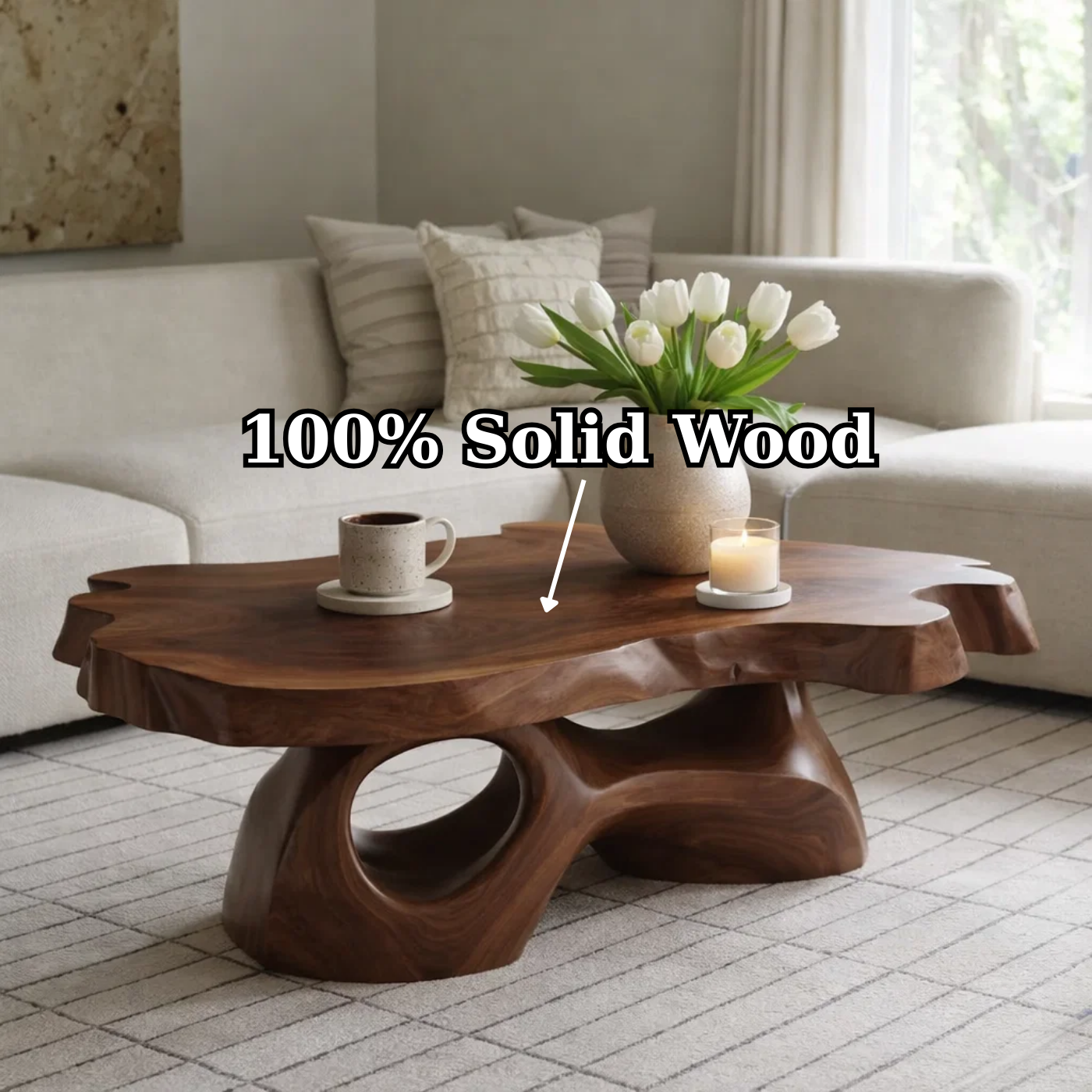 Solid Wood Live Edge Coffee Table with Sculpted Organic Base