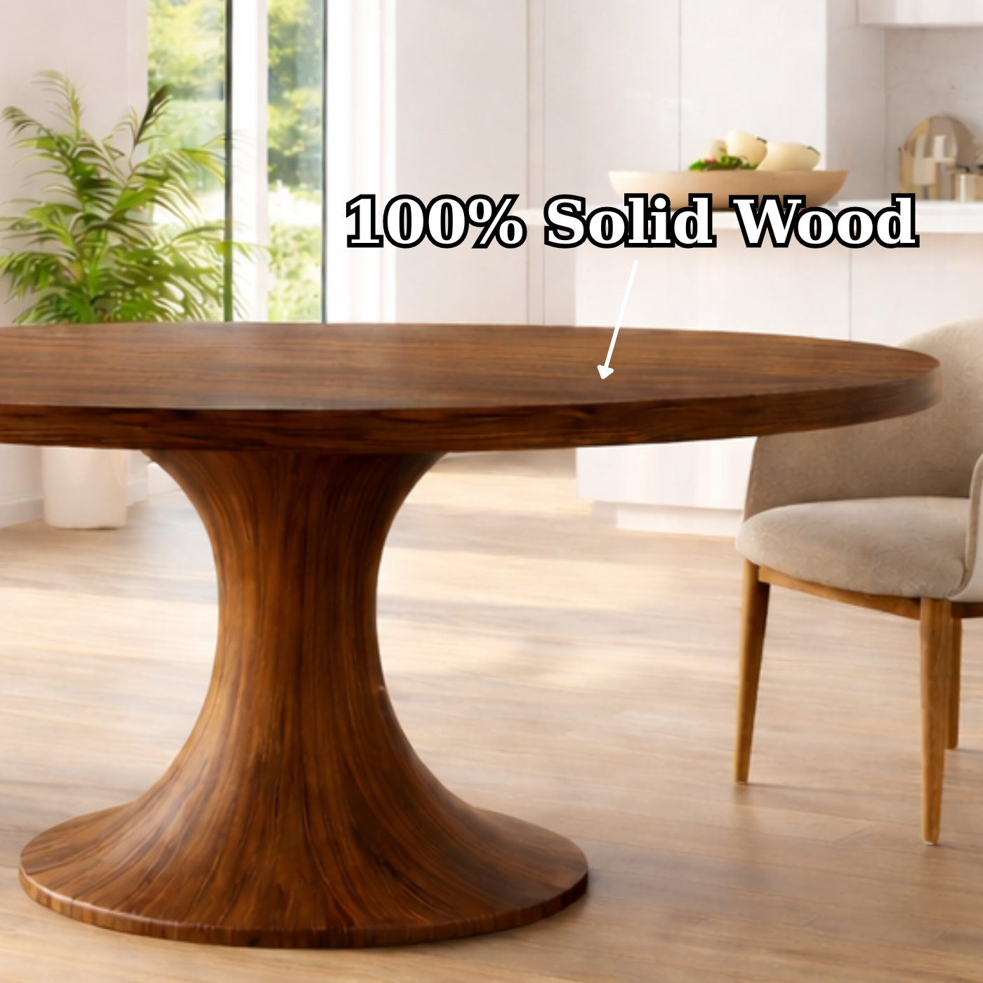 Modern Solid Wood Round Dining Table with Sculptural Pedestal Base