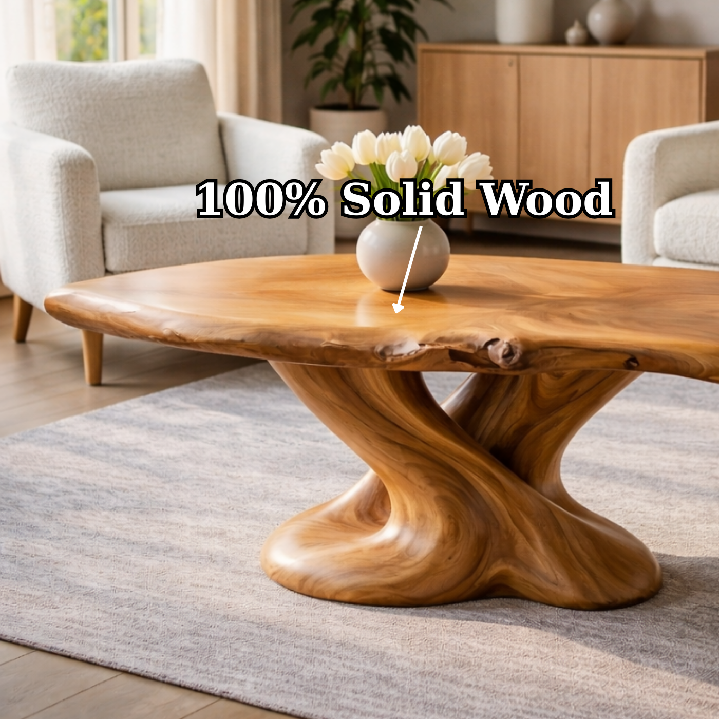 Solid Wood Live Edge Coffee Table with Sculptural Twisted Base