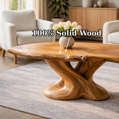 Solid Wood Live Edge Coffee Table with Sculptural Twisted Base