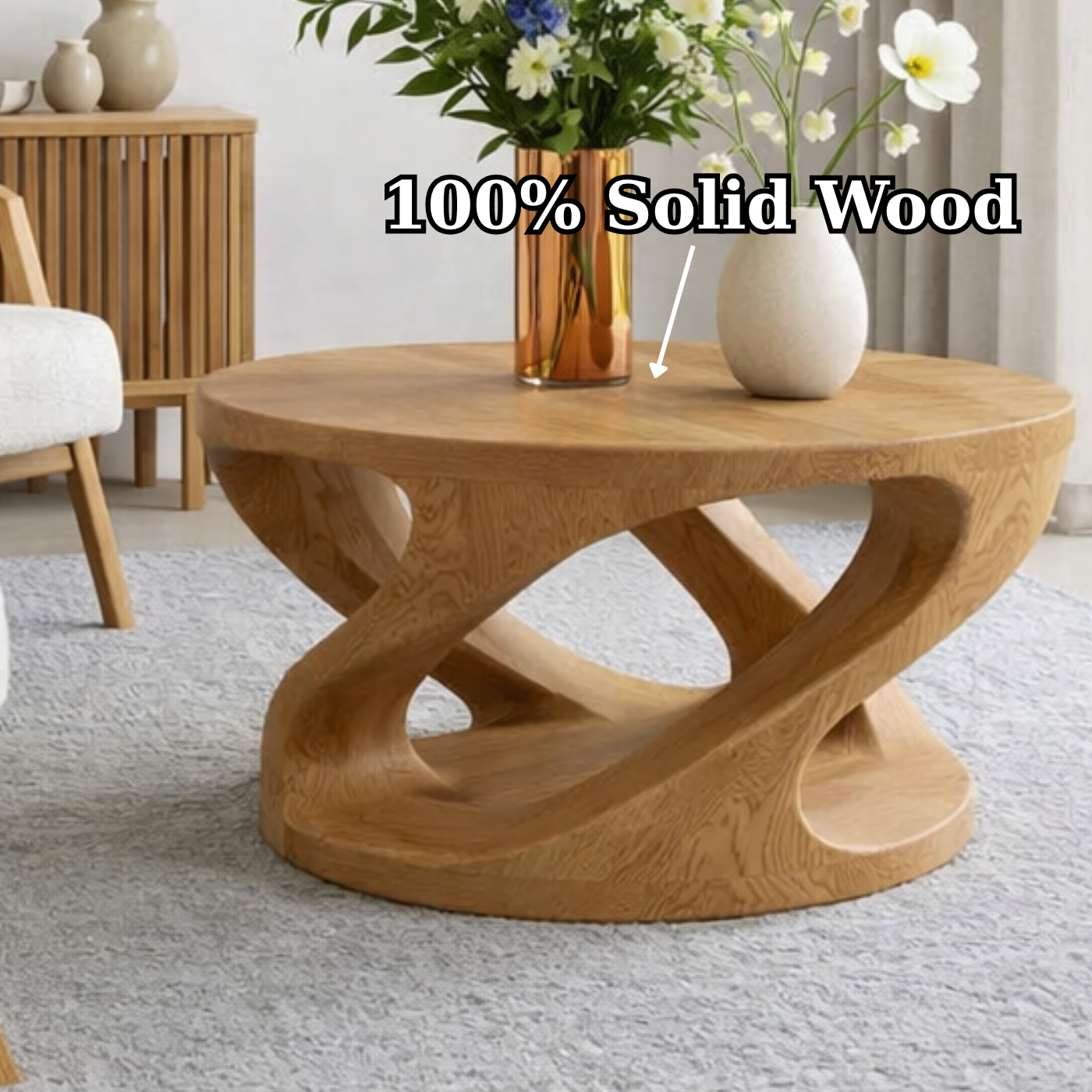 Solid Wood Coffee Table with Sculptural Curved Base