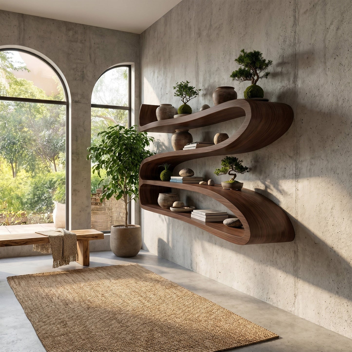 Sculptural Wood Wall-Mounted Shelf With Open Display