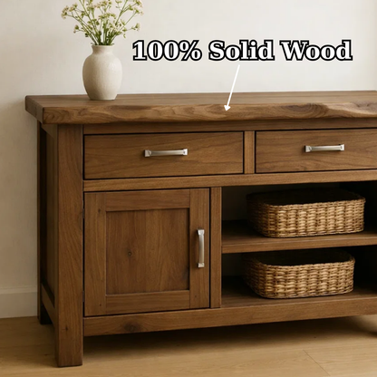 Solid Wood Console Table with 2 Drawers and Open Shelving for Storage