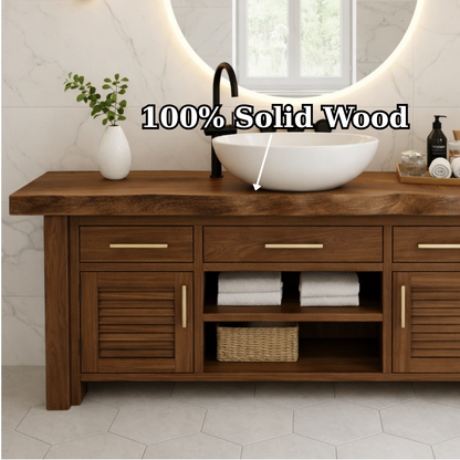 Solid Wood Bathroom Vanity for Modern Spaces with Louvered Doors and Open Shelf