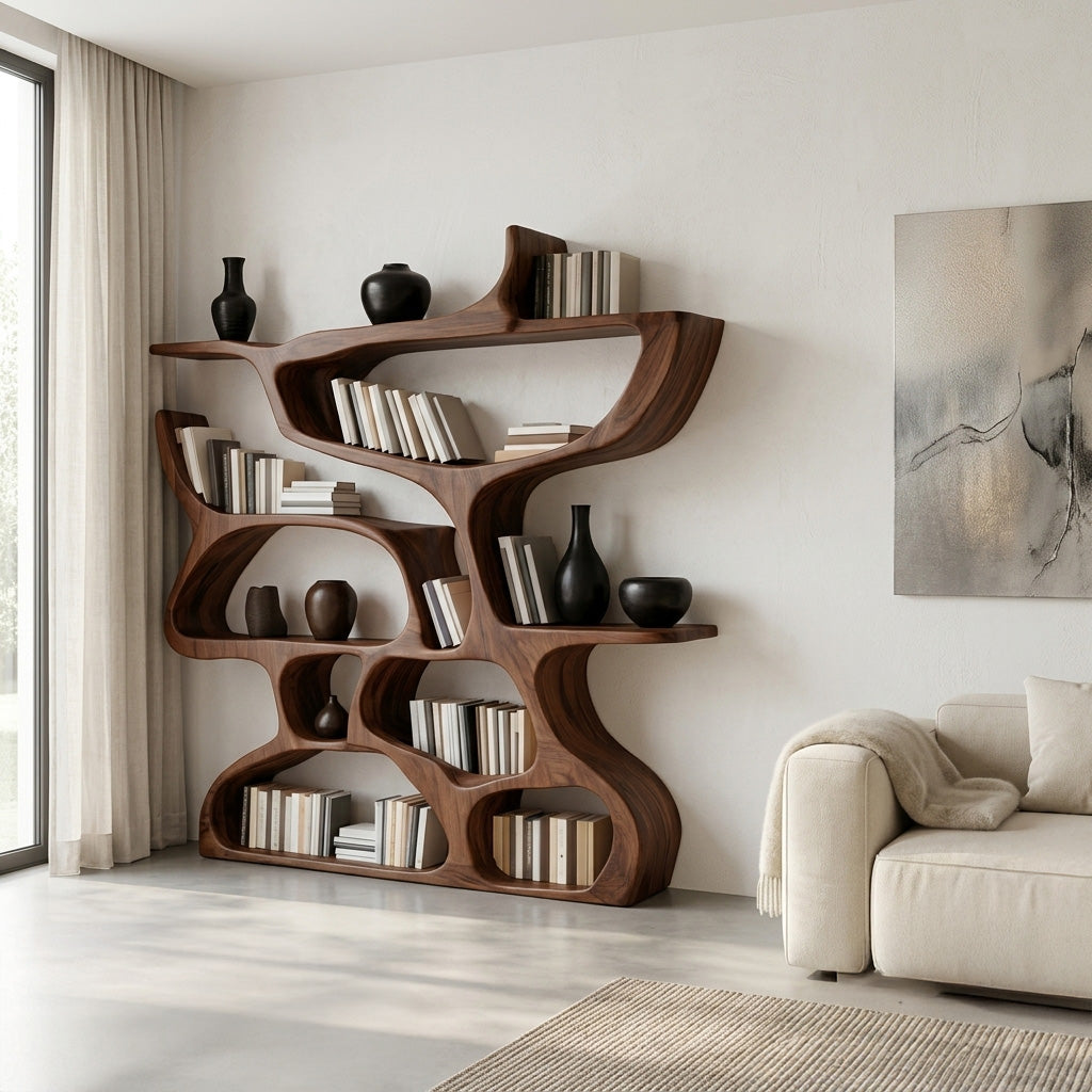 Modern Bookshelf With Organic Carved Design For Living Room Or Office Kitchnce