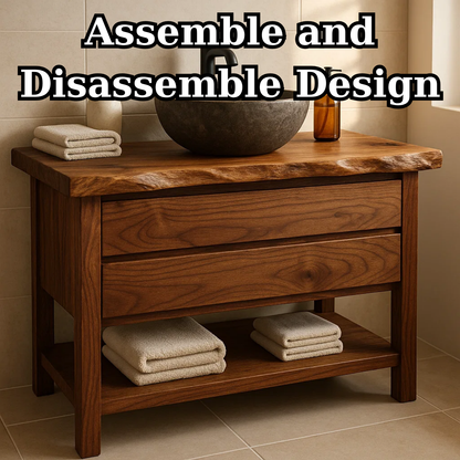 Handcrafted Solid Wood Bathroom Vanity - Live Edge Dark Wood Cabinet & Open Shelf Kitchnce