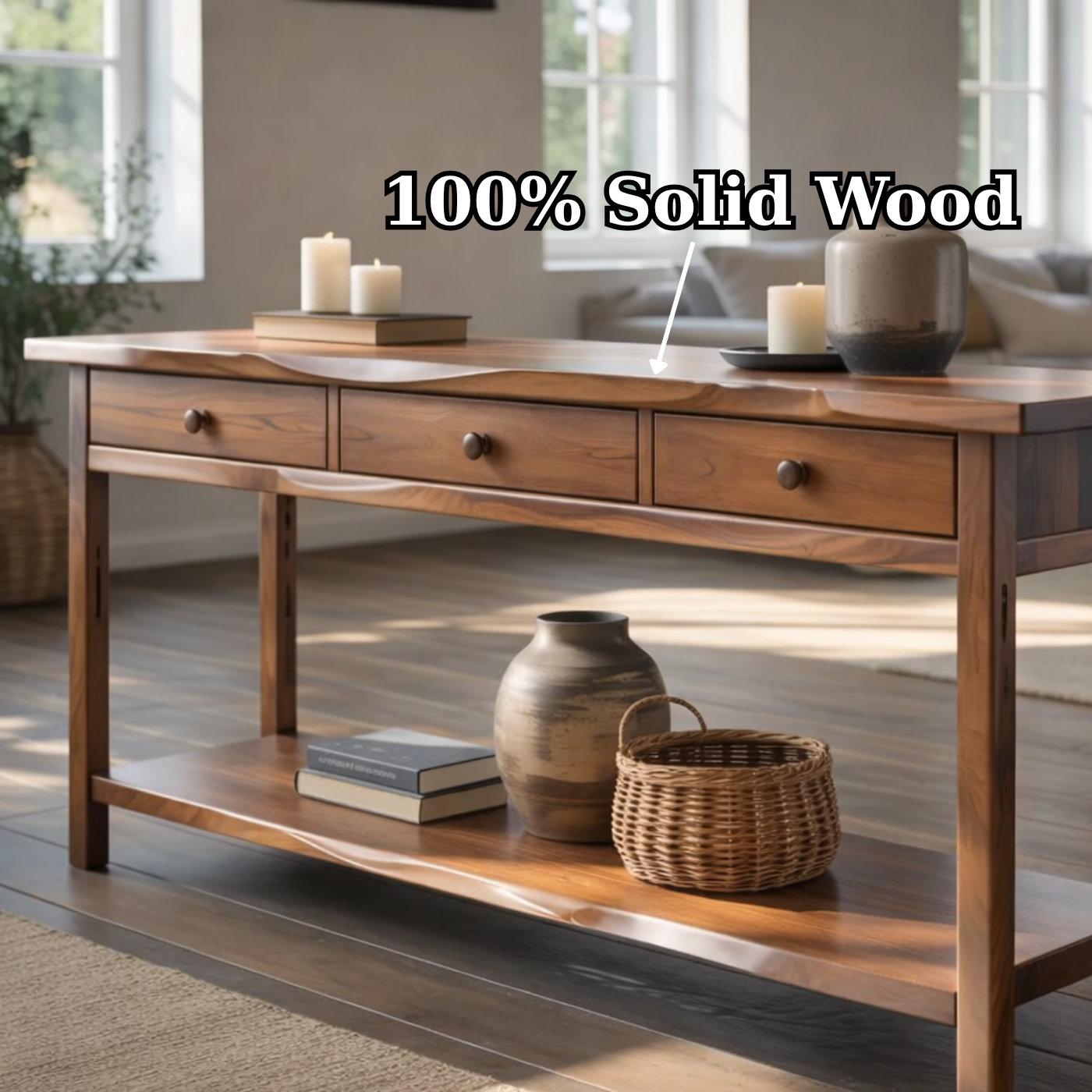 Solid Wood Console Table with 3 Drawers & Lower Shelf