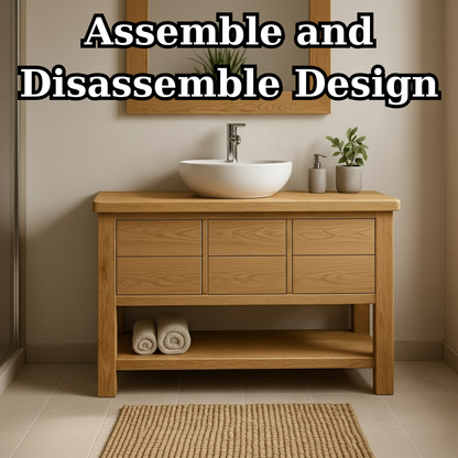 Handcrafted Solid Wood Bathroom Vanity with Oak Finish and Open Shelf Kitchnce