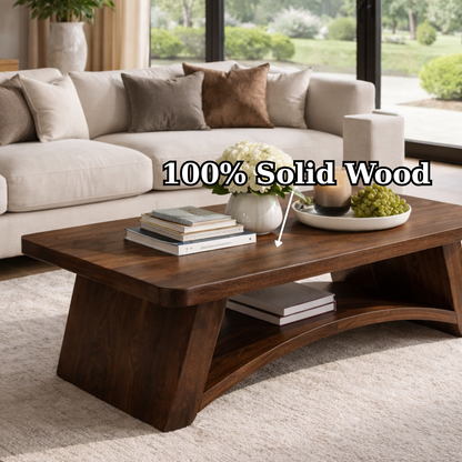 Solid Wood Coffee Table with Sculpted Base and Open Shelf – Rustic Modern Living Room Table