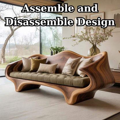 Handcrafted Solid Wood Sofa – Sculptural Organic Wood Couch with Artistic Curves and Cushion Seat Kitchnce