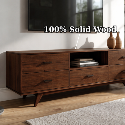 Mid-Century Solid Wood TV Stand with Drawers – Modern Walnut Media Console