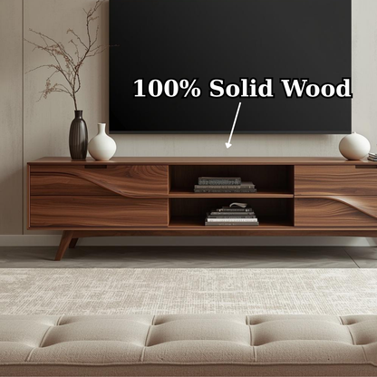 Solid Wood TV Stand with Wave Carved Drawers – Modern Mid-Century Media Console