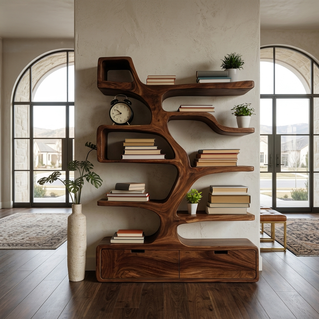 Contemporary Wooden Bookshelf Sculpted Design For Living Space Kitchnce