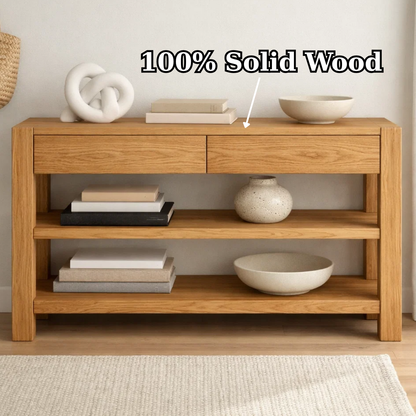Solid Wood Console Table with Drawers and Shelves – Modern Oak Entryway Storage Table