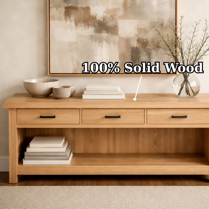 Handcraft Solid Wood Console Table with Drawers and Open Shelf