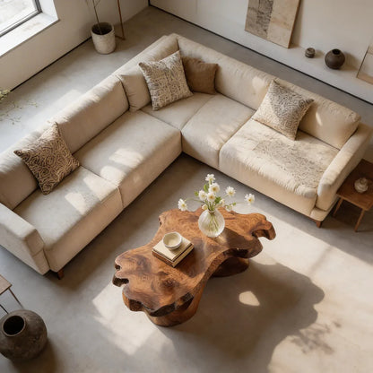 Sculptural Live Edge Natural Wood Coffee Table with Carved Base