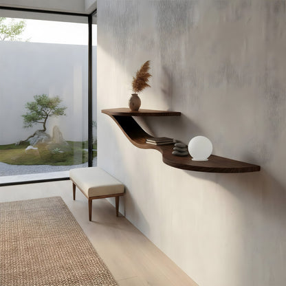Wave-Inspired Floating Wall Shelf in Natural Wood with Dual Levels