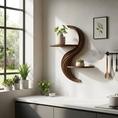 Curved Dual-Tier Floating Wall Shelf with Sculptural Form